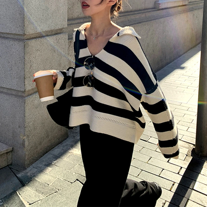 LMQ NEW Fall Winter Retro Black White Striped V-Neck Sweater Lazy Style Loose Showing Sexy Clavicle Lapel Knitting Tops Pullover