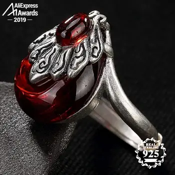 

S925 Fine Antique shop Ruby Rings Women Indian Leaf History Vintage Natural Carnelian Retro Ruby red jasper Agate