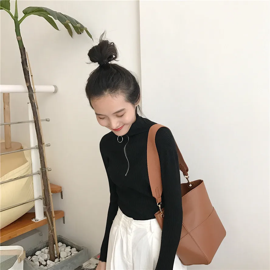 Harajuku Модная трикотажная женская футболка с длинным рукавом, женские топы на молнии с высоким воротником, утолщенный вязаный пуловер, футболки