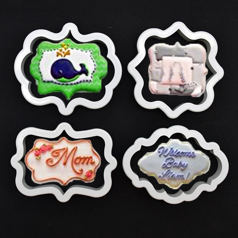 

1set 4pcs Nameplate Plaque Border Fondant Cake Printing Mould Baking Cookie Mould Dough Cutting Mould