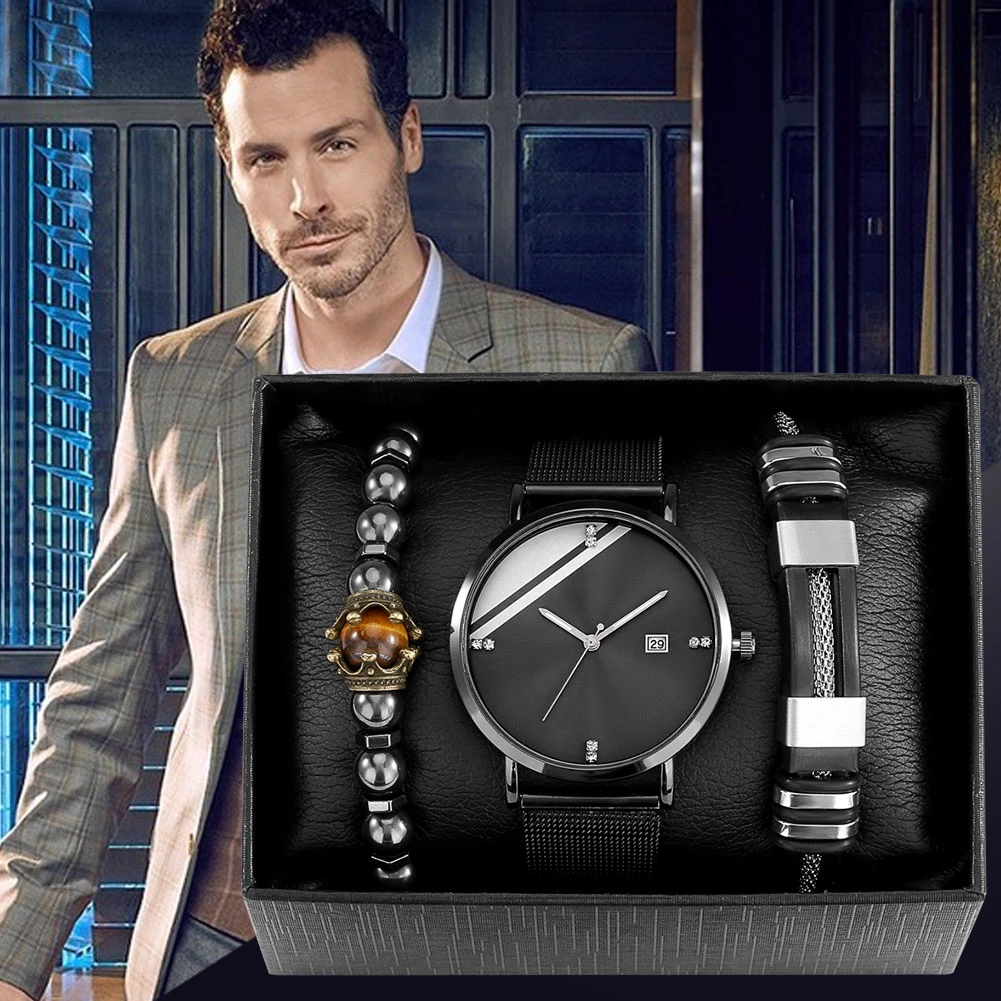 メンズ腕時計セット シンプルなメンズ腕時計 ブラッククォーツ3ピース セット ブレスレットセット ギフト クォーツ時計 Aliexpress