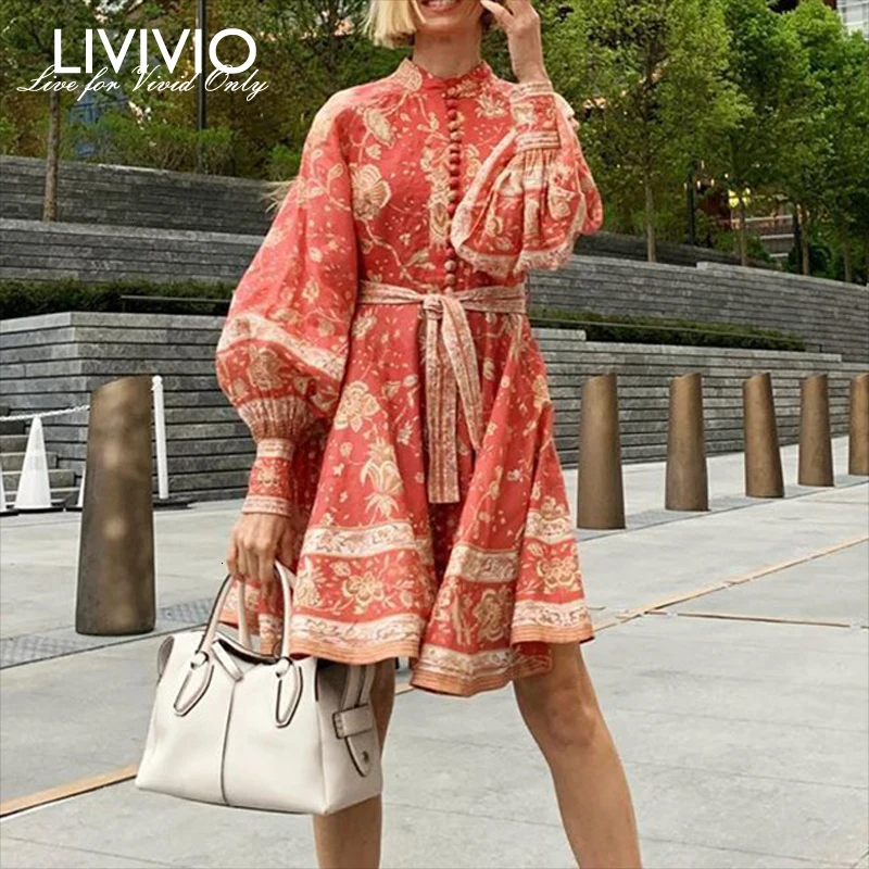[LIVIVIO] винтажные красные мини-платья с цветочным принтом и длинным рукавом-фонариком с поясом на шнуровке с завышенной талией для женщин, осень, модная одежда