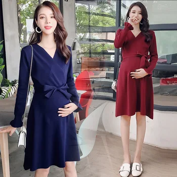 

Long Base Dress V-neck Braided Maternity Dress Mid-length Maternity Top Sweater