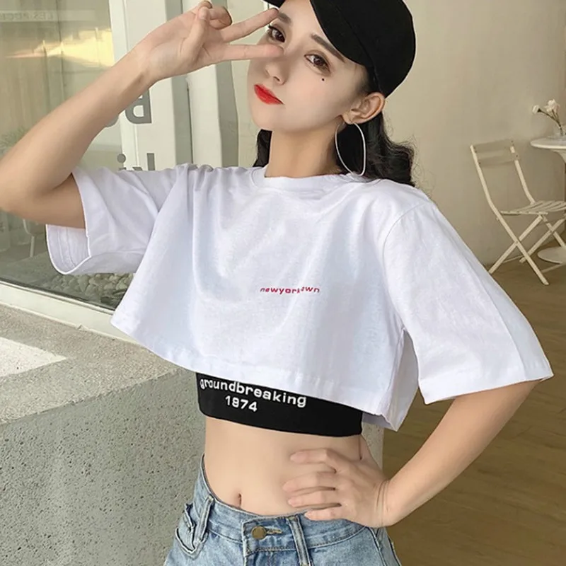 

Summer Lettering Print Tank Short Style Short Sleeve Top Set White Top + Black Vest Set