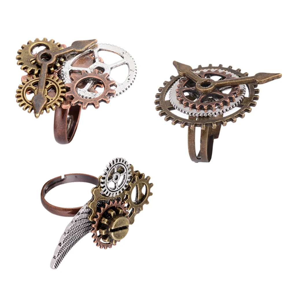 3 Pcs Women Men Vintage Steampunk Watch Part Gears Punk Antique Copper Adjustable Rings Fashion Jewelry