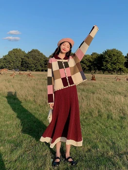 

Fashion Autumn Cute Jumper + Knit Skirt 2pcs Sets Plaid Knitted Cardigan Sweater + Midi Skirt two piece Sets Sweet Matching Set