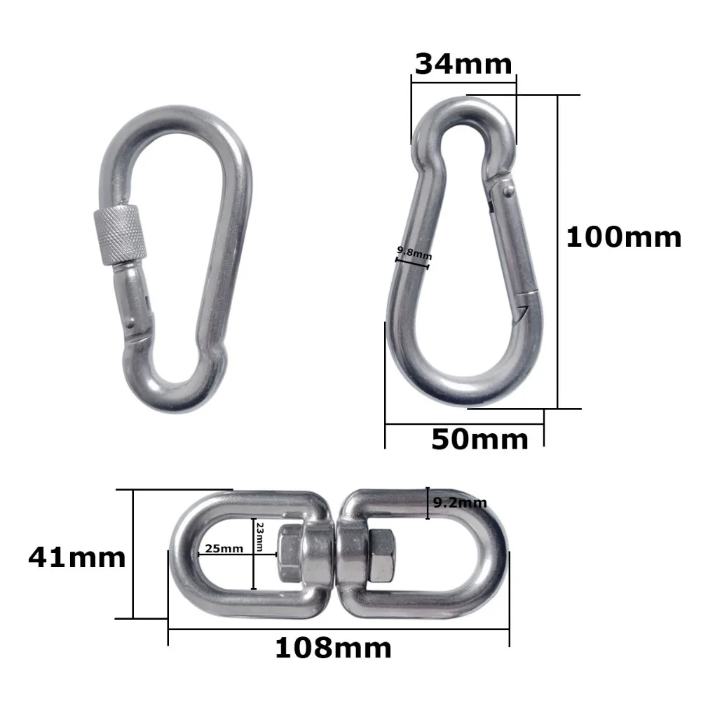 

Stainless Steel M10 Double Ended Swivel Eye Hook and Safety Carabiner Spring Snap Hook Swivel Shackle Ring Connector Set of 3