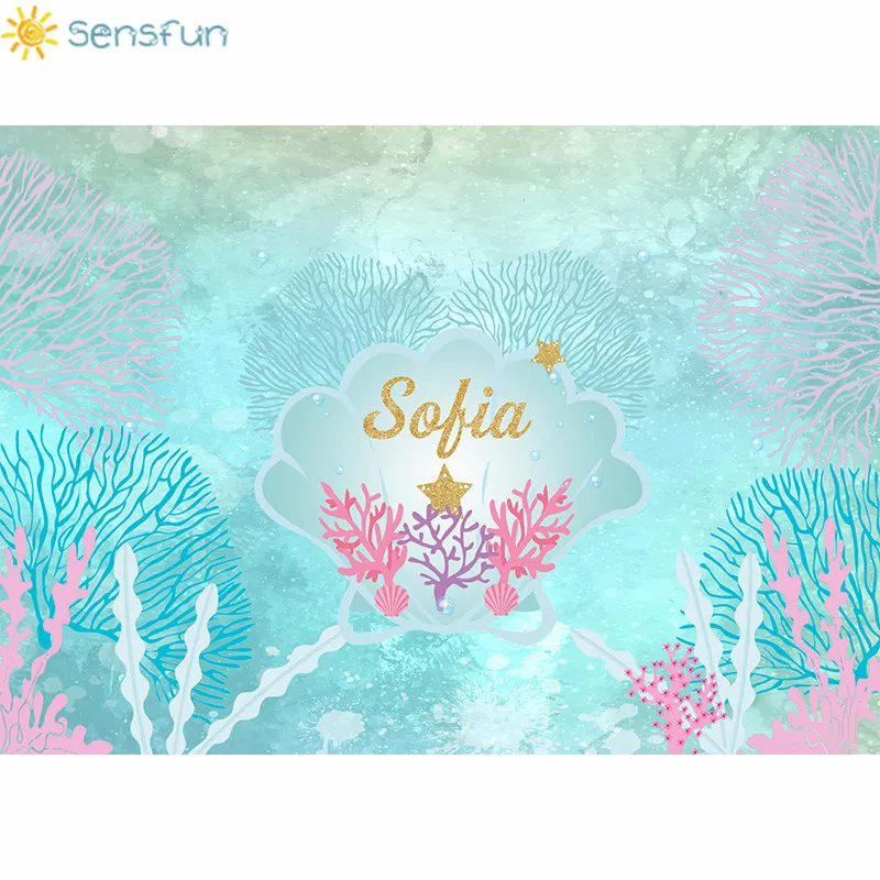 GoEoo 7x5ft Girls Kids Birthday Party Mermaid Backdrop Cartoon Beautiful Little Sea-Maid Tail Pattern Coral Seaweed Photography Background Photo Studio Props 
