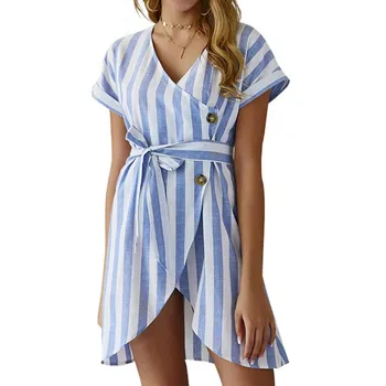 

Women Clothing Sexy V-Neck Sleeveless Mini Dress Ladies Fashion Casual Belt Tie up Work Office Striped Short BLUE Dress
