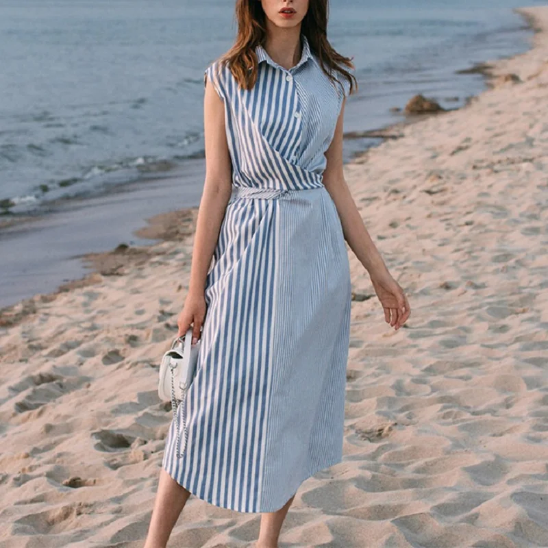 

Women Vintage Striped Printed A-line Party Dress Sleeveless Turn Down Collar Elegant Casual Dress 2020 Summer New Fashion Dress