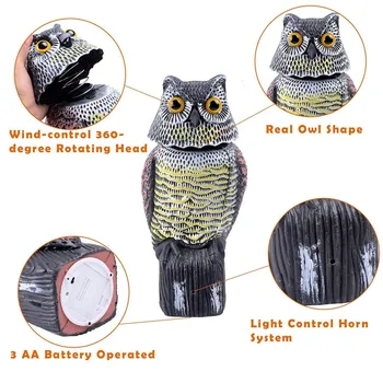 

Owl Decoy 360° Rotating Head Scary Sound Scarecrow Fake Owl Decoy Realistic Scary Pest Crow Bird Repellent for Patio Yard Garden
