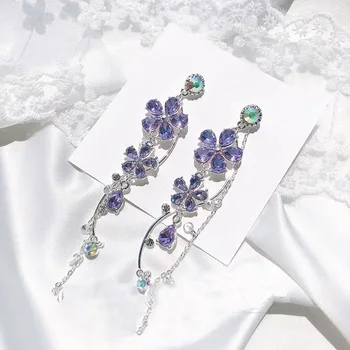 

Korean New Fashion Elegant Purple Crystal Big Small Flower Dangle Earrings For Female Daily Accessories