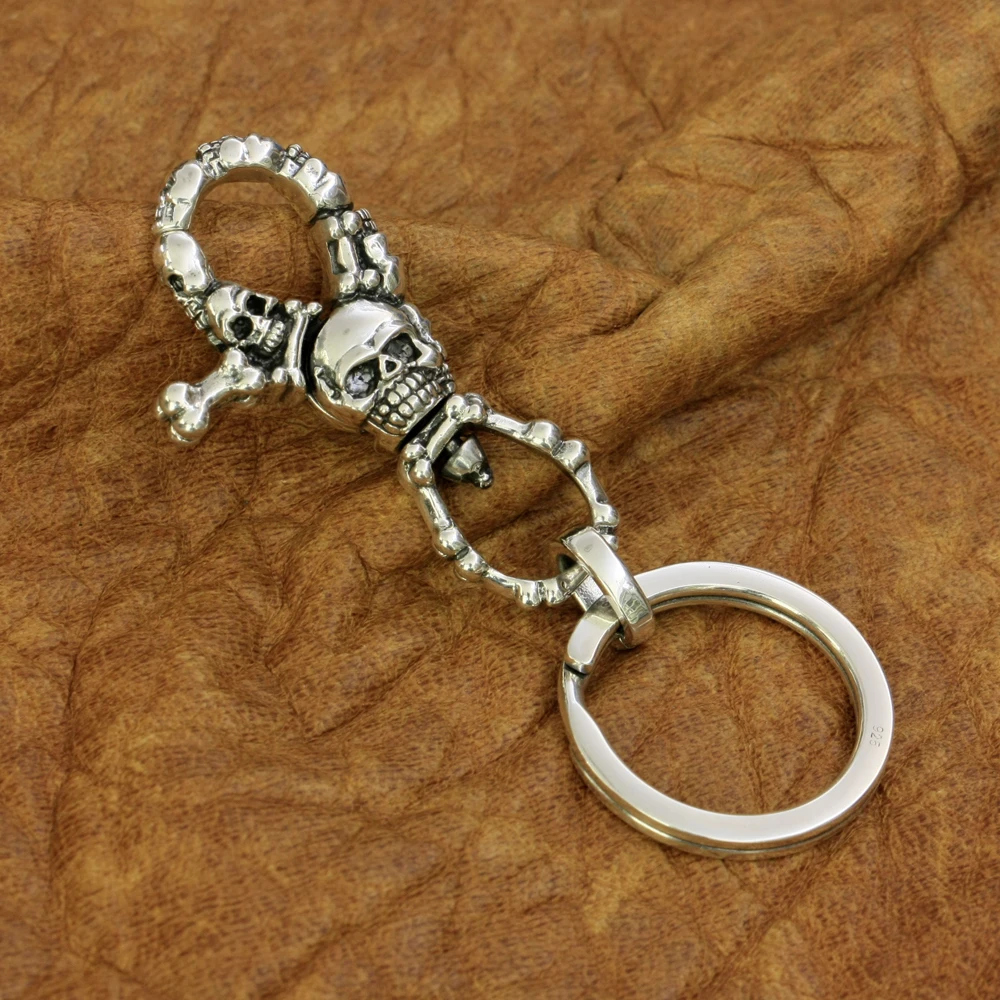 925 Sterling Silver High Detail Skull KeyRing Mens Biker Punk Keychain TA200Hair Jewelry