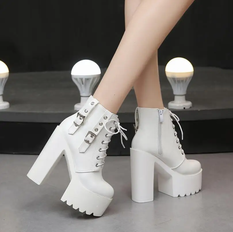 STAN SHARK Botines de tacón cuadrado para mujer, botas sexys de tacón  superalto de 14cm, con cremallera y remaches, color blanco y negro, novedad  de 2019|Botas hasta el tobillo| - AliExpress