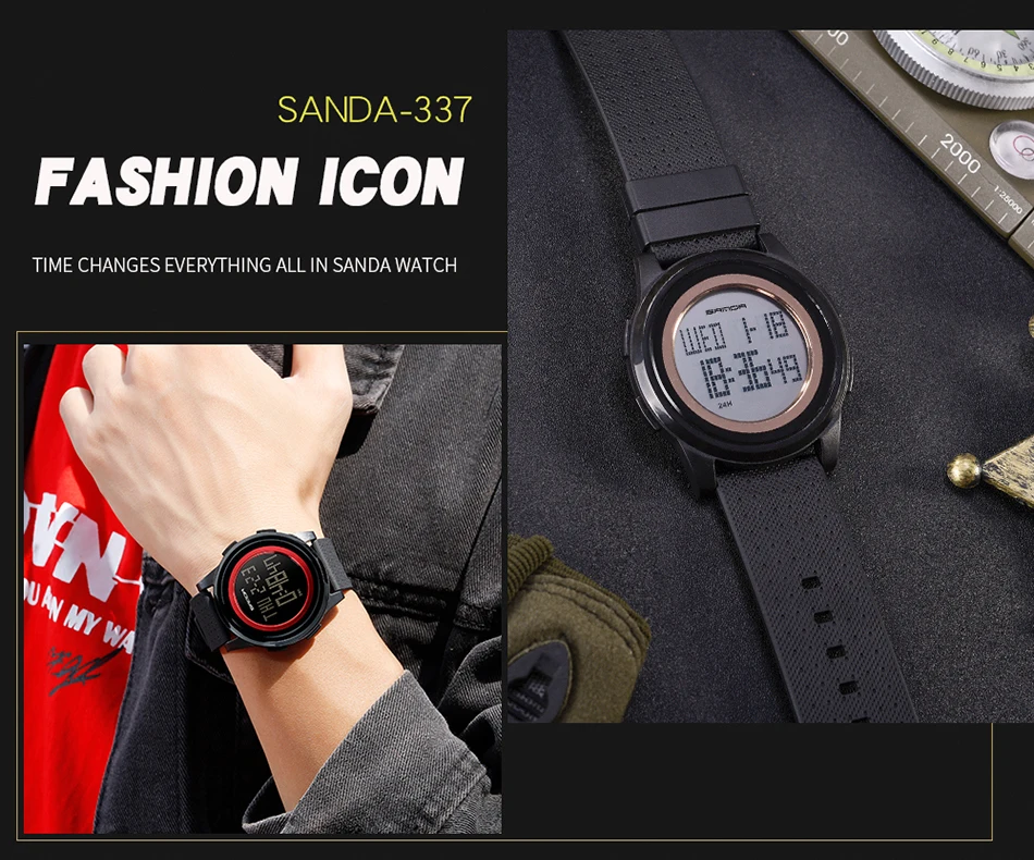 SANDA Fashion Men's Watches LED Timing Electronic Watch Multi-function Waterproof Outdoor Sports Wristwatch reloj hombre