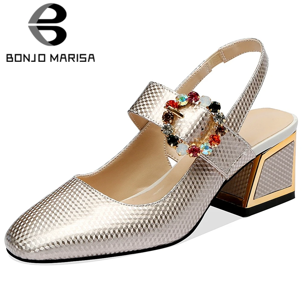 

BONJOMARISA Lady Cool OL Patent Leather Sandals Summer High Hoof Heels Office Sandals Women Summer Elegant Shallow Shoes Woman