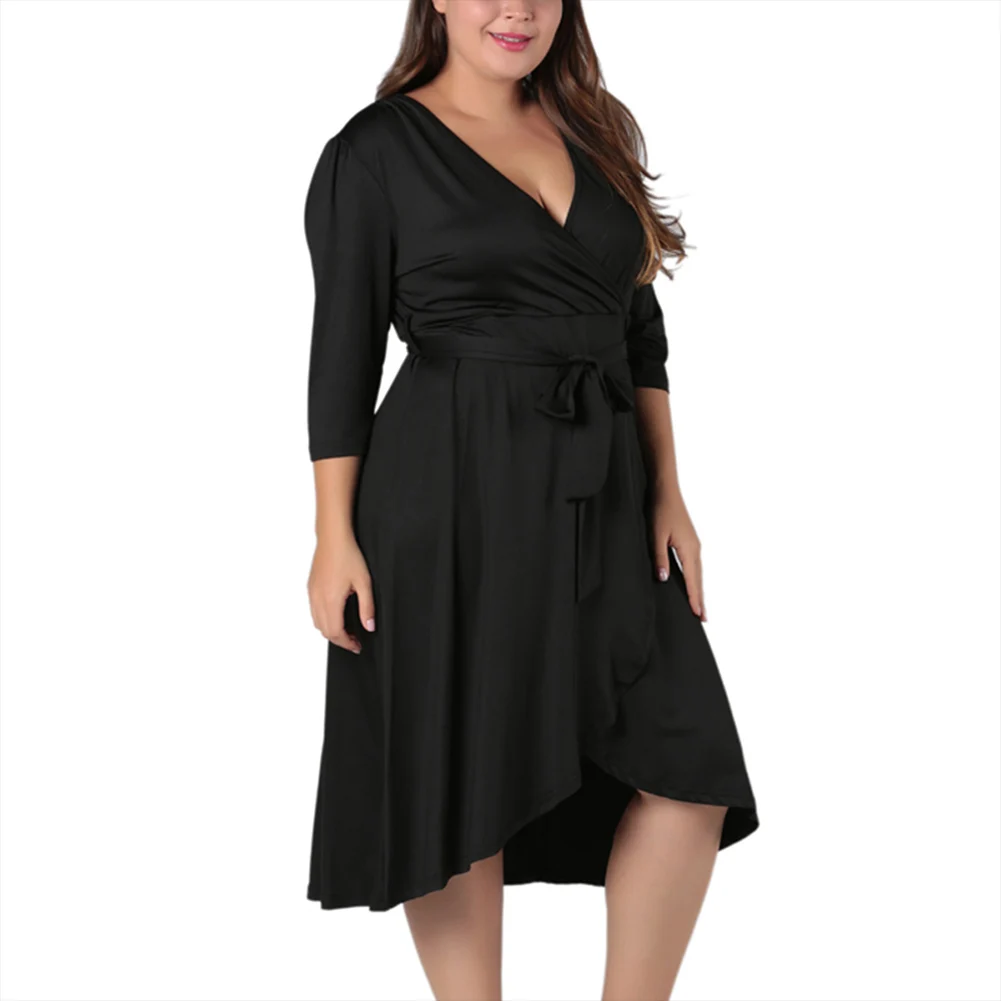 Autumn Plus Size Dress For Women Long Sleeve V Neck Black Basic Slim Dresses With Waist Belt Casual Party Dresses Vestidos