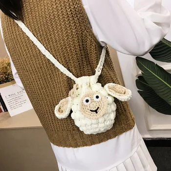 

Sheep Woolen Yarn Bag Hand Woven Bag Women's Messenger Mini Bag Hand Hook Knitted Women's Bag Girl's Cartoon Messenger