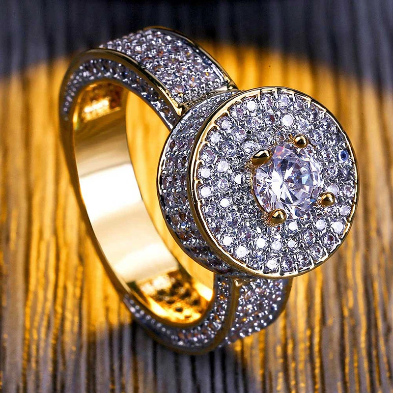 Хип хоп Micro Pave AAA кубического циркония Bling Iced Out Золотые круглые кольца на пальцы для мужчин женщин трендовые ювелирные изделия