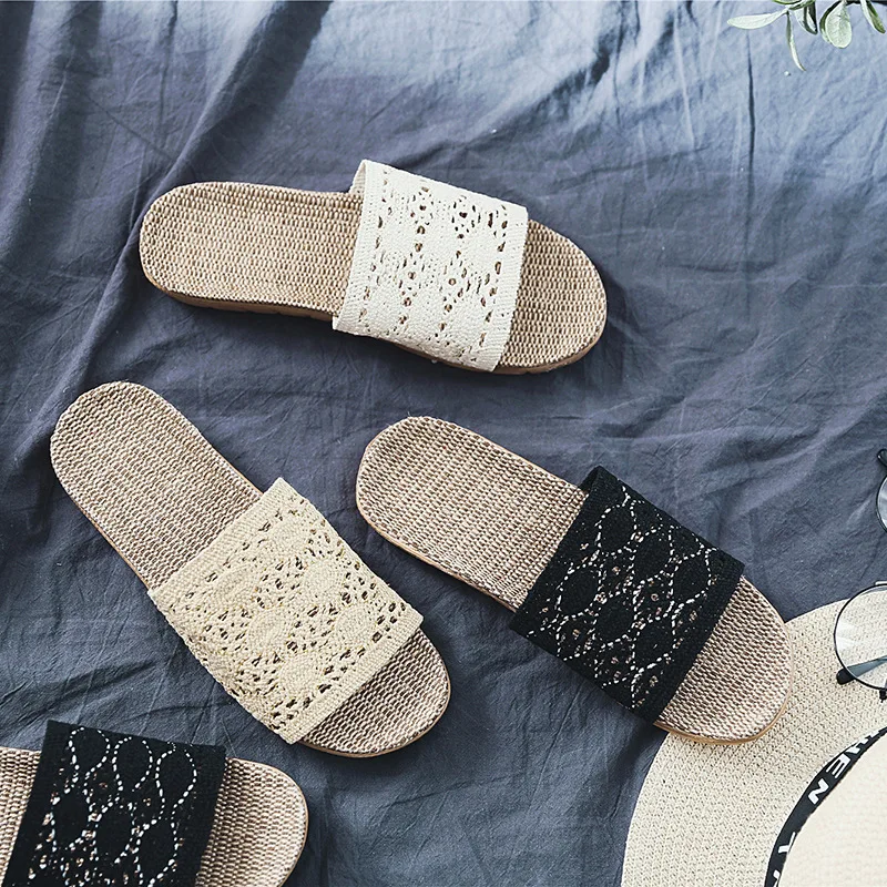 

2020 Summer linen slippers women slippers non-slip thick bottom floor Cutout slippers flip flop shoes
