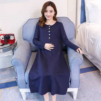 

Long Dress for Pregant Women Korean-style Pregnant Women-Nursing Dress Solid Color Long Sleeve Pregnant Women Dress