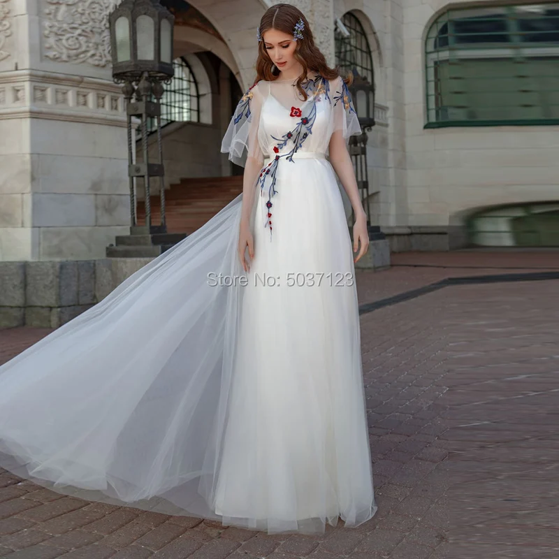 

Chiffon A Line Beach Wedding Dresses Lace Appliques O Neck Boho Vestido De Novias Backless Court Train Bridal Gown for Bride