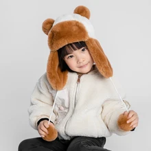 Los niños de invierno gorro para niñas y niños lindo orejas Panda peluche Imitación Piel Gorro con pompón sombrero ruso con orejeras de esquí a prueba de viento cálido sombreros(China)