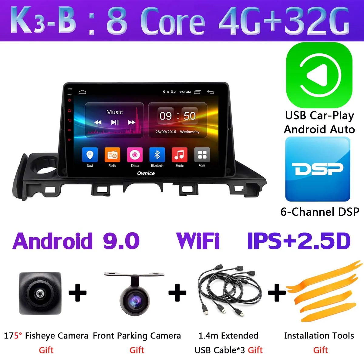 K3-B-CarPlay 1 din 360° Panoramic Android 9.0 4G+64G Car DVD Multimedia For Mazda 6 Atenza Mazda6 GPS Radio SPDIF DSP CarPlay - Цвет: K3-B-CarPlay