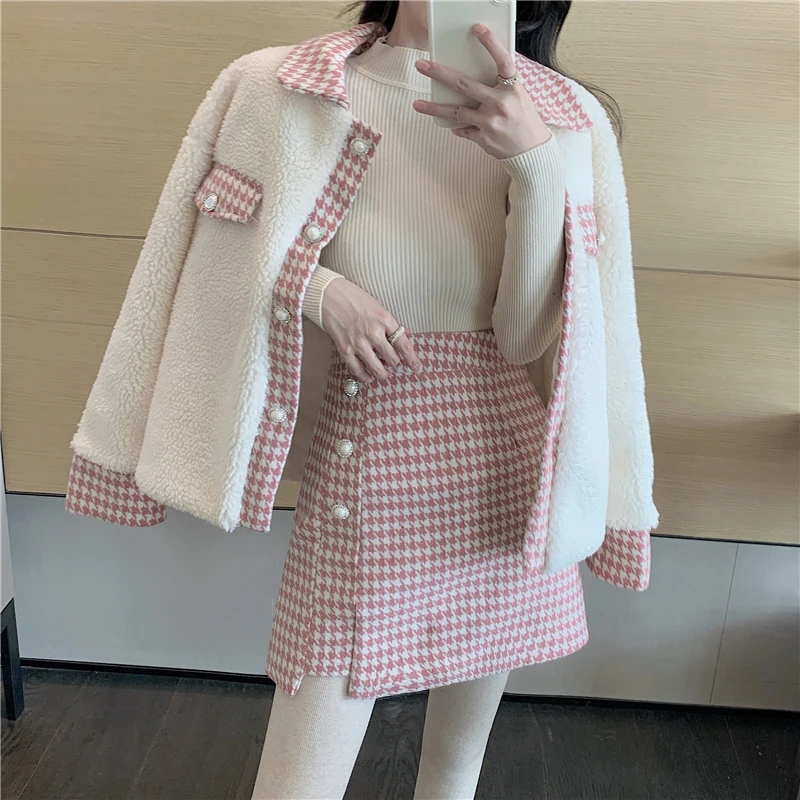 

Autumn Winter Women Sweet Two Piece Set Elegant Plaid Patchwork Woolen Plush Jacket Coat And Bodycon Mini Short Skirt Girly Suit