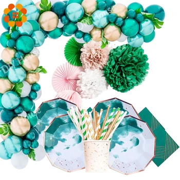 

1Set Green Balloon Disposable Tableware Ink Gilding Paper Plates/Napkin For Wedding Birthday Party Decoration Tableware Supplies