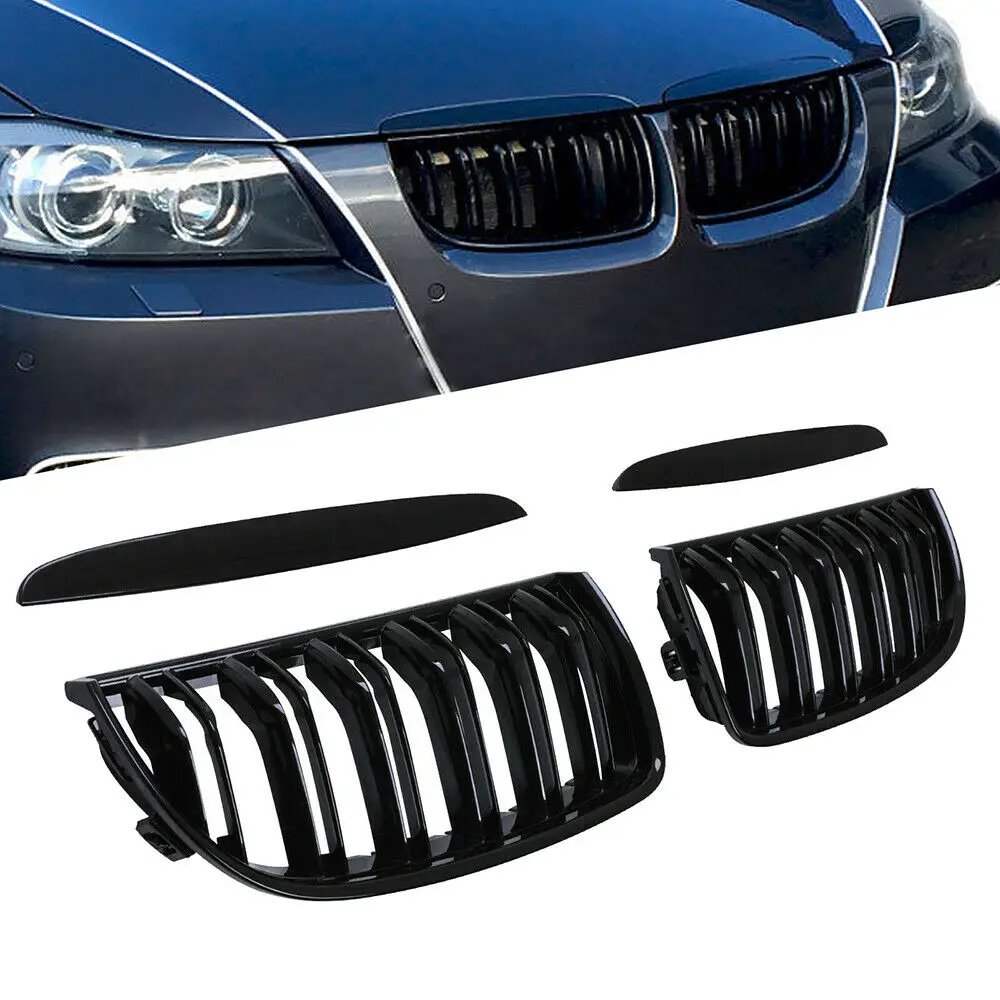 

For BMW 3 Series 2005-2008 E90 E91 4D Dual Slat Gloss Black Front Kidney Grill Grille