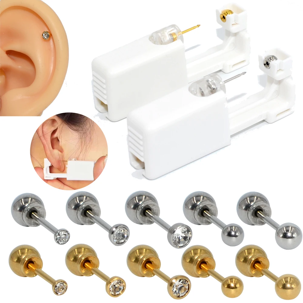 1pc Sterlised Disposable Safety No Pain Ear Piercing Device+Sterile Bezel with with Safe Ball Buckle Set Cartilage Tragus Stud