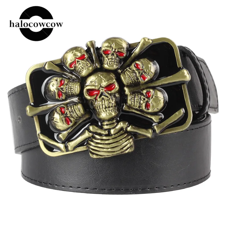 Moda hombre Punk siete cinturones de calavera de Heavy Metal Rock estilo cinturón calaveras cabeza hebilla cuero correas de la cintura - AliExpress Accesorios para la ropa