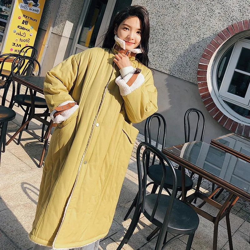 

Photo Shoot Chapter Ronon CHIC Handsome Stand Collar Yellow Single Breasted Lambs Wool Overcoat Long Workwear Cotton Coat Women'