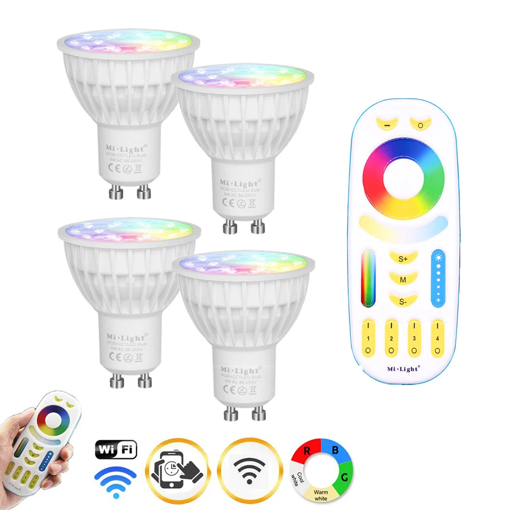Светодиодный светильник с регулируемой яркостью Mi-Light GU10 4W RGB+ CCT лампы для внутреннего украшения+ 2,4G RF светодиодный пульт дистанционного управления для смарт-ламп Milight