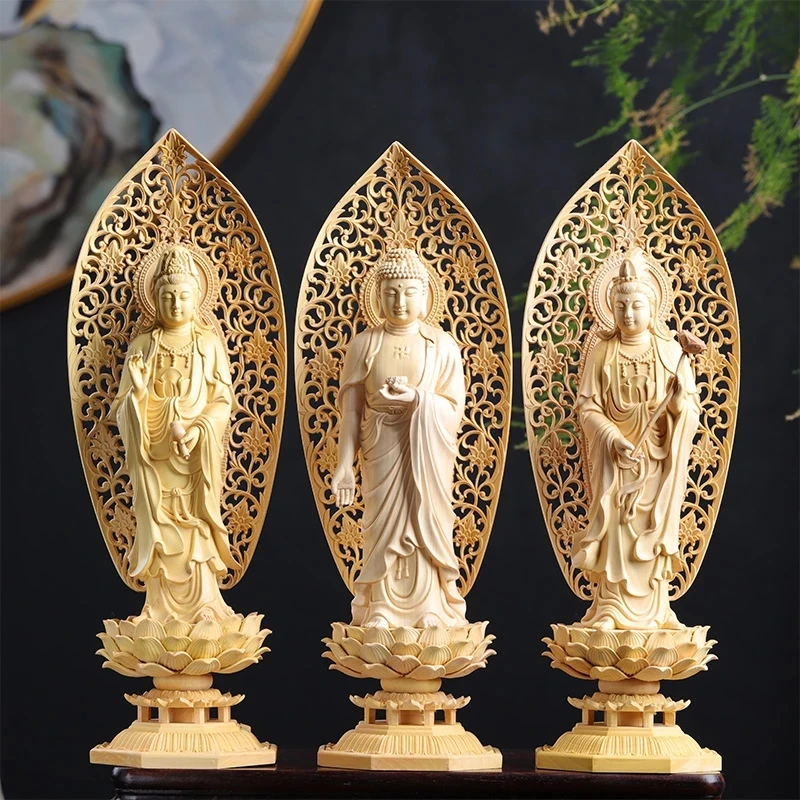 

29cm Three buddhas Wood Buddha figurines guanyin statue wooden Goddess Home decor Gift craft for home