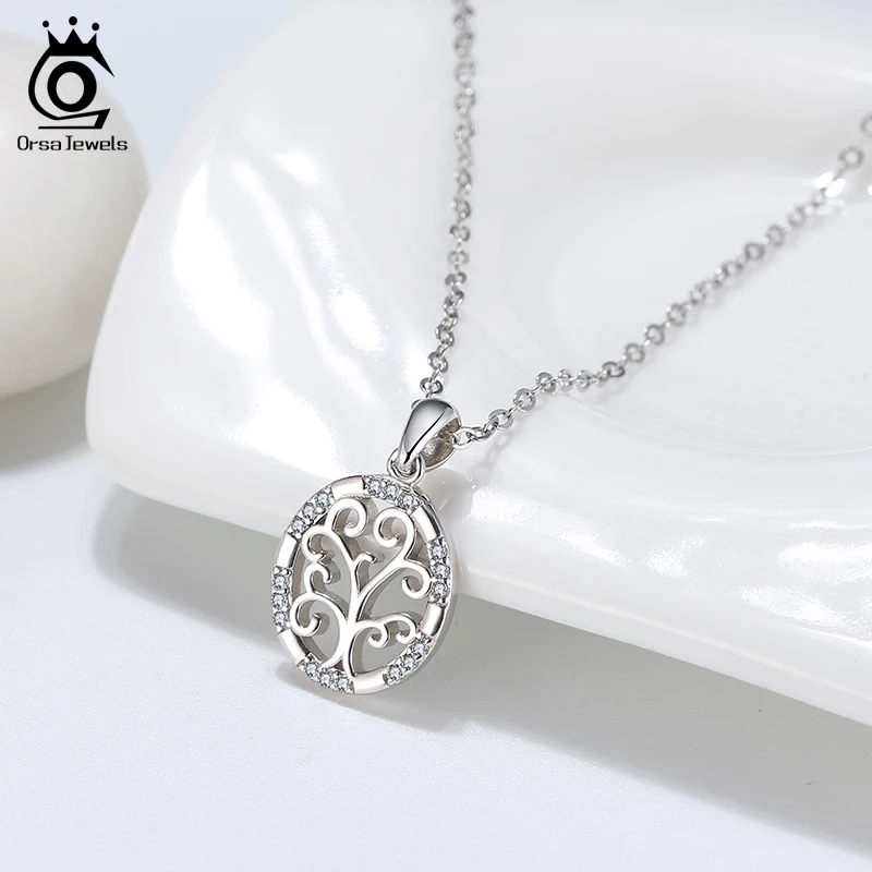 

ORSA JEWELS Silver Color Tree of Life Pendant Necklaces 925 Silver AAAA Zircon Necklace for Women Jewelry Party Gift OSN227