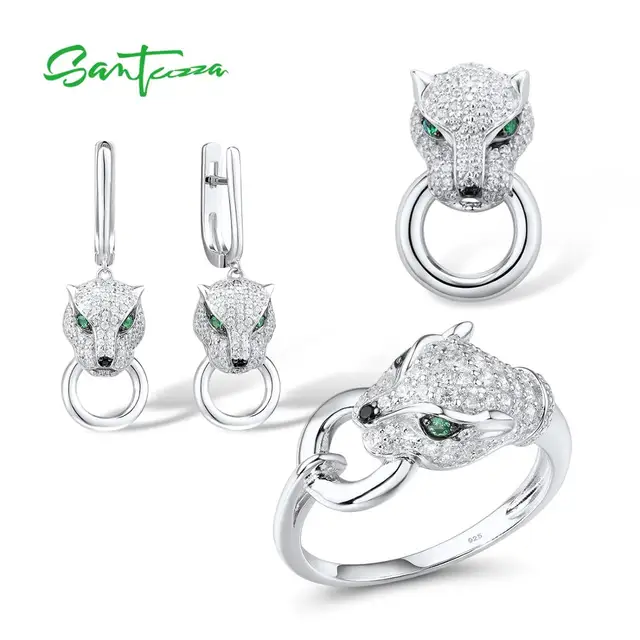 SANTUZZA 925 Sterling Silver Jewelry Set For Women White CZ Green Eyes Panther Ring Earrings Pendant Leopard Set Fine Jewelry 1