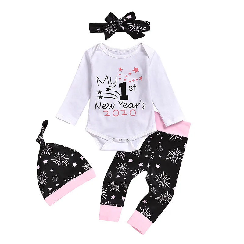 Одежда для малышей; Одежда для новорожденных «My 1st new Year»; Одежда для маленьких девочек; топы; штаны; повязка на голову; шапка; осенний повседневный комплект одежды