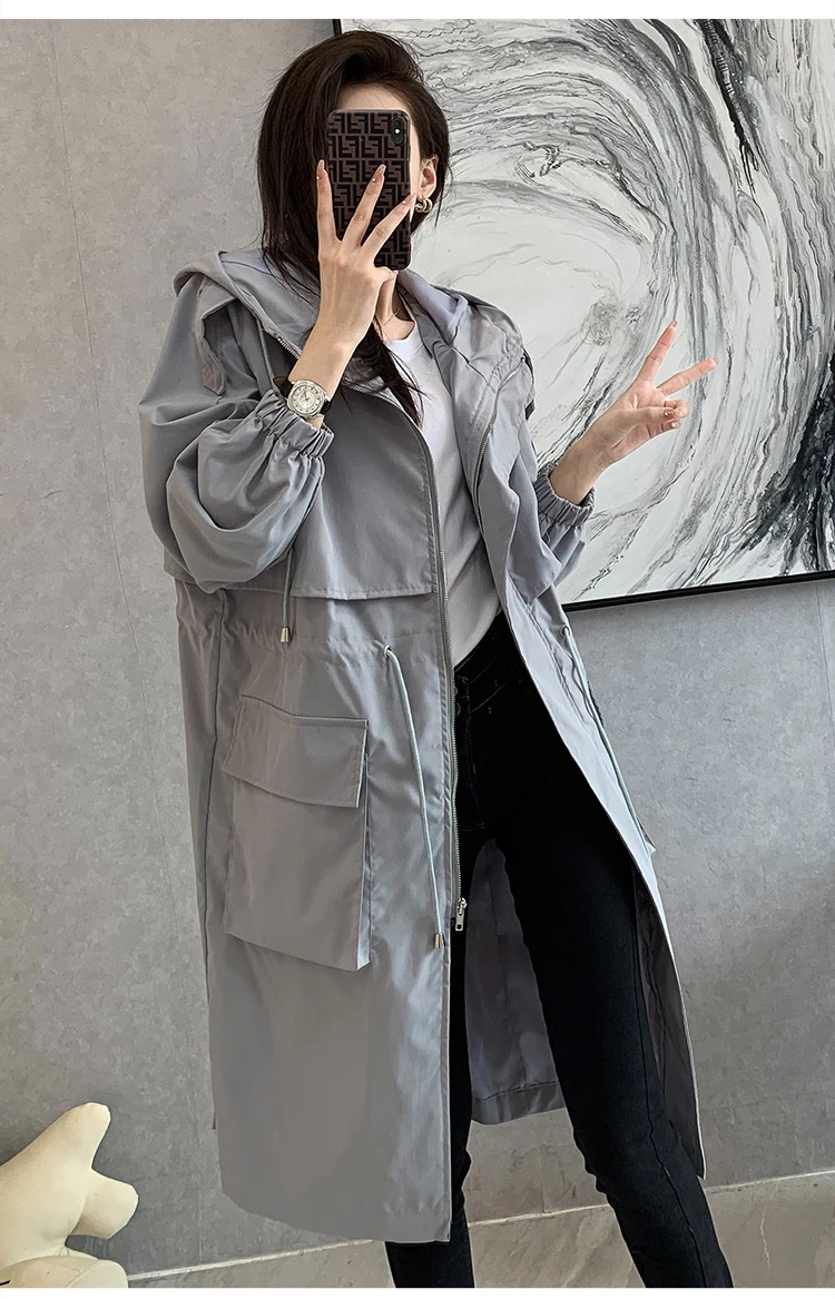 New 2021 Spring Autumn Long Trench Coat Women Loose Hooded Overcoat Female Adjustable Waist Outerwear Korean Fashion Windbreaker puffer coat with fur hood