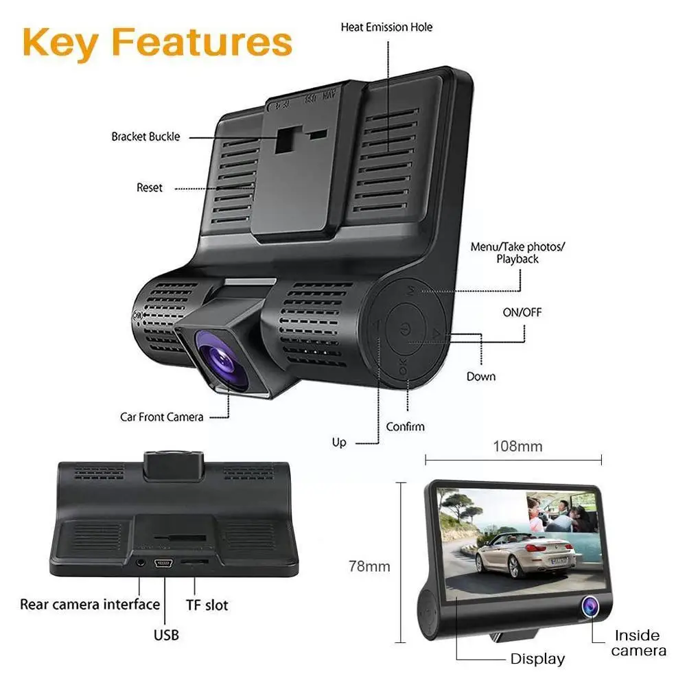 HD Night Car DVR Dash Cam 4.0 Inch Video Recorder Auto Lens Registrator Rear Dashcam View Camera 3 Camera With Camera D9Z6
