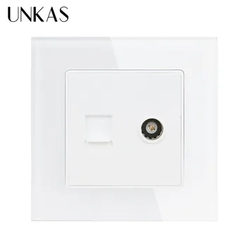

UNKAS White Luxury Crystal Glass Panel RJ45 Internet Data Computer Jack CAT5E Connector With Female TV Outlet Wall Socket
