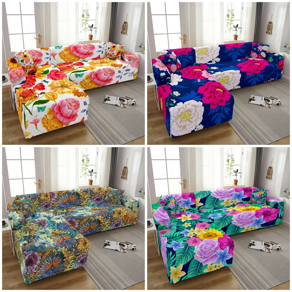 Elastic Sofa Cover Flower Printed Furniture Protector For Living Room L-Shaped Corner Slipcover Couch 1/2/3/4 Seater | Дом и сад
