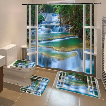 

New 4 PCS Natural Landscape Painting Waterproof Polyester Bathroom Shower Curtain Kit Toilet Cover Bath Mat Anti-Slip Rug Sets