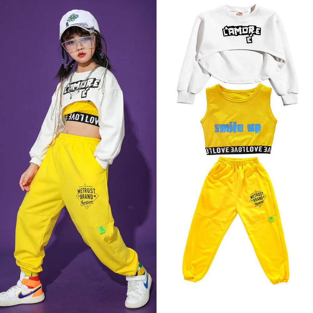 Lolanta 3Pcs Girls Crop Top + Vest + Pants Set Kids Yellow & White Outfit Casual Daily Clothes Hip Hop Performance Dance Clothing