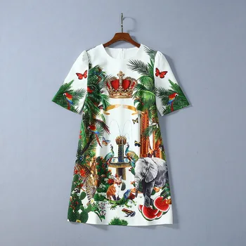 

Spring 2020 for European and American women's wear 5 minutes of sleeve Animal print heavy industry nail bead crown dress