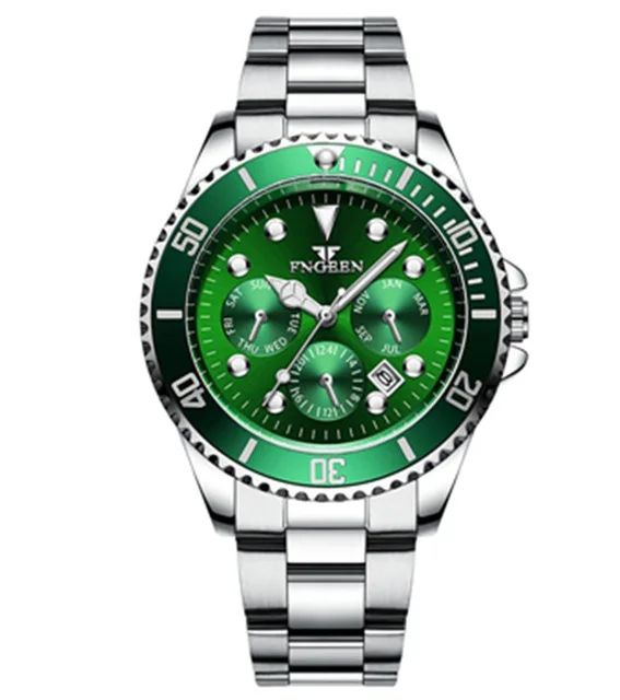 FNGEEN, Лидирующий бренд, серебристо-зеленые классические мужские часы, уникальный циферблат, кварцевые часы, нержавеющая сталь, календарь, водонепроницаемые спортивные часы - Цвет: silver green