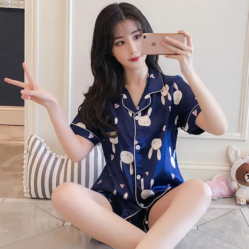 

Bingsi Pajama women's imitation real silk short sleeve home clothes student women's sweet cardigan thin wholesale