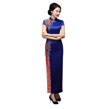 

Womens Ankle-Length Cheongsam Embroidery Flower Long Dress Chinese style Short Sleeve Qipao Slim Party Dresses Vestido S-5XL