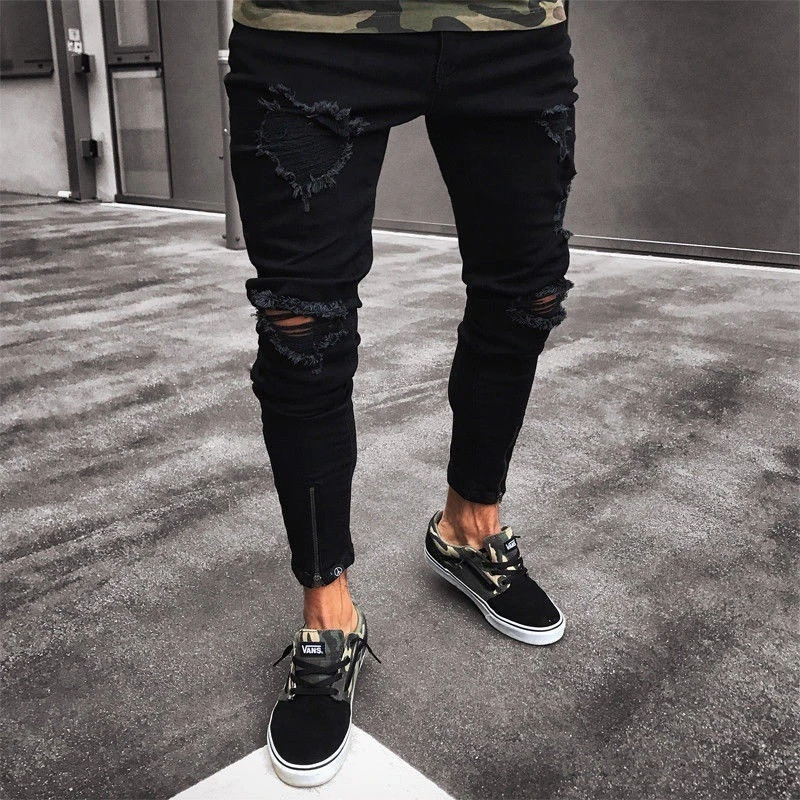 Heren Cool Designer Zwarte Jeans Strakke Rip Breken Elastieken Slim Hip Hop  Broek Met Gaten Ritssluiting Decoratieve Jeans|Spijkerbroek| - AliExpress
